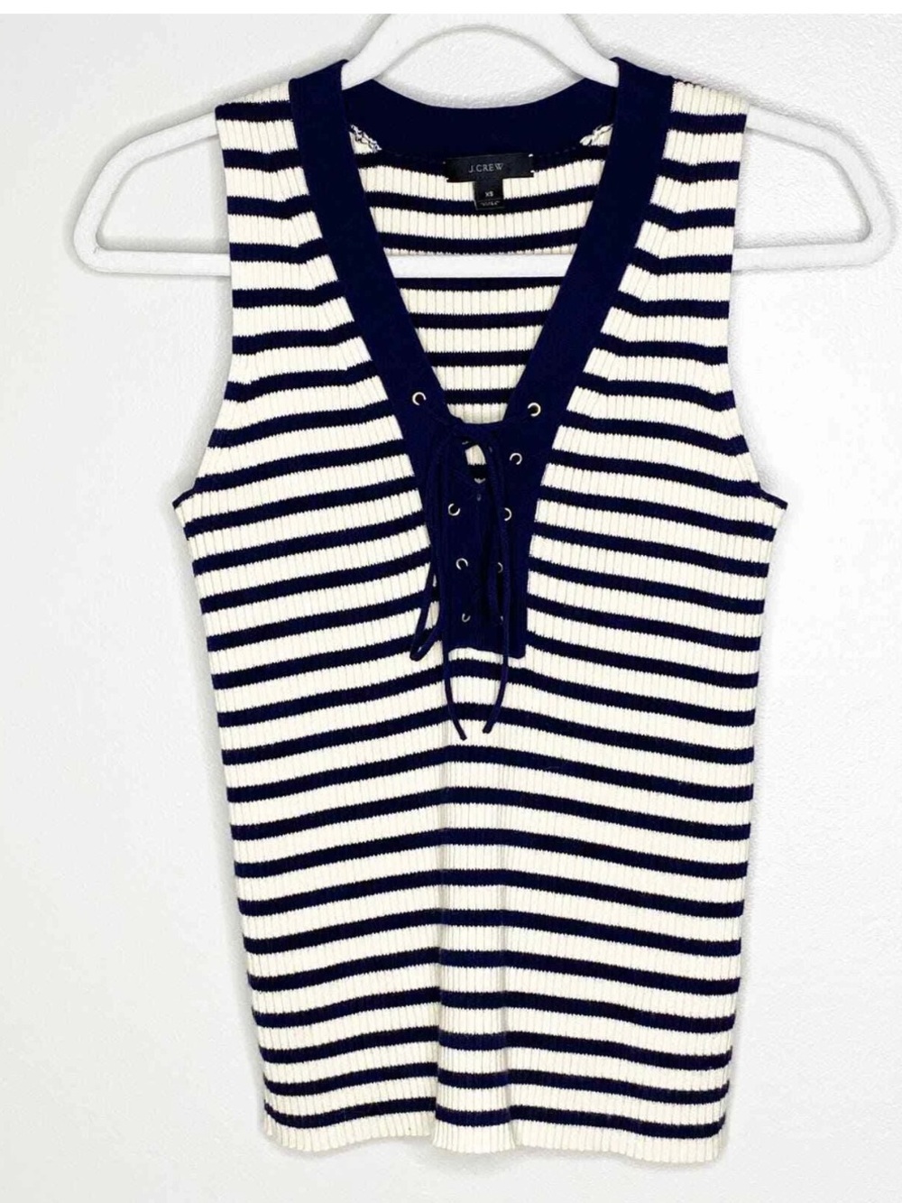 J. Crew Ribbed Lace-Up Sweater Tank in Navy and Ecru Stripes - Picture 4 of 11